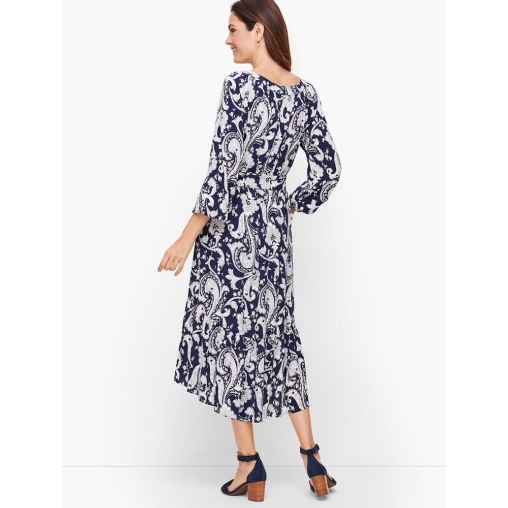 Talbots Plus Navy White Paisley Midi Dress with Belt Sz 1X High Low Hem - Picture 3 of 11